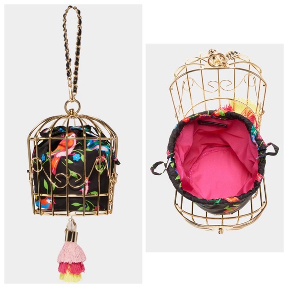 NWT Betsey Johnson 💋KITSCH BIRD IS THE WORD CAGE DANCER Drawstring Wristlet Bag - Picture 6 of 11